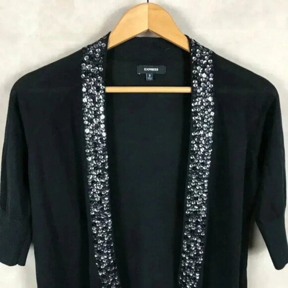 EXPRESS Short Sleeve Black Cardigan Sequin Trim NEW Size SMALL - Picture 3 of 8